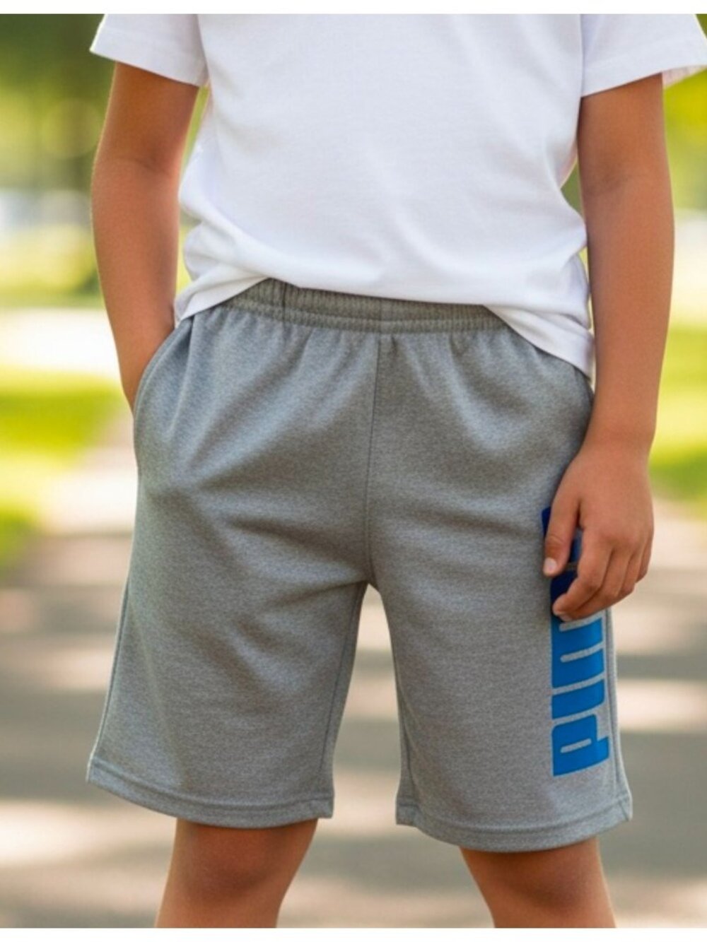 Puma Boys Gray Shorts With Blue Logo Print Elastic Waistband Size 5